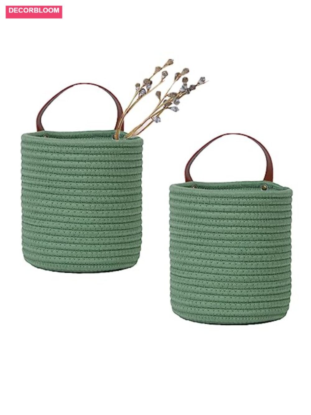 Set of 2 Cotton Rope Wall Hanging Storage Baskets with Leather Handles